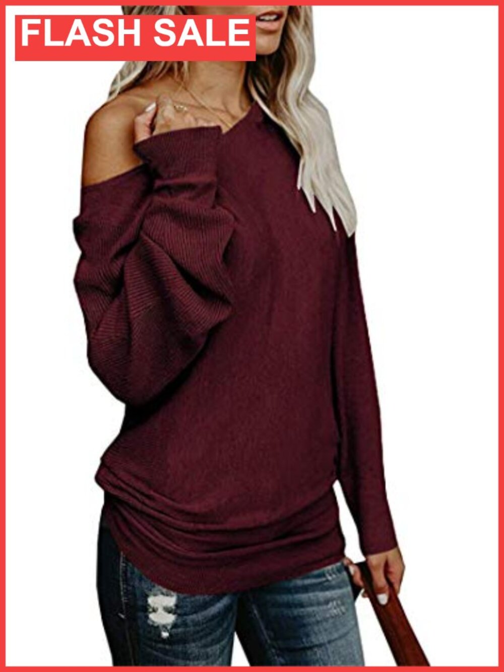 Women's Off Shoulder Oversized Knit Sweater Batwing Long Sleeve Tunic Top